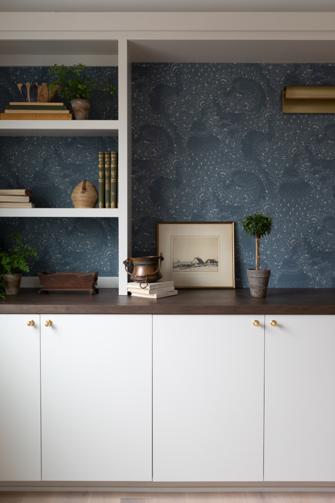 Home office with custom cabinets painted Sherwin Williams Taupe of the Morning and white oak countertops.