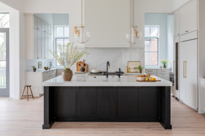 New construction kitchen with Sherwin Williams Heron Plume cabinets, Benjamin Moore Chantilly Lace walls, and a soft neutral color palette.