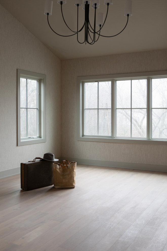 Primary bedroom trim, windows, and interior doors painted Sherwin Williams Whisper 9591.