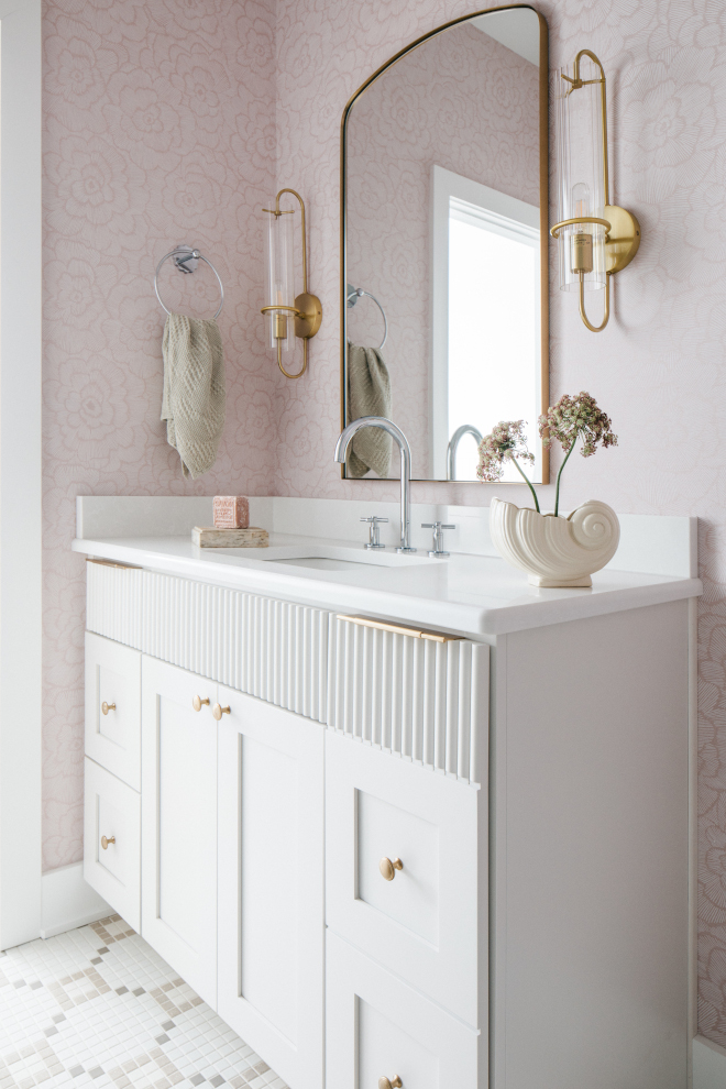 bathroom-sherwin-williams-heron-plume Bathroom with custom vanity painted Sherwin Williams Heron Plume and pink Peony textured wallpaper.