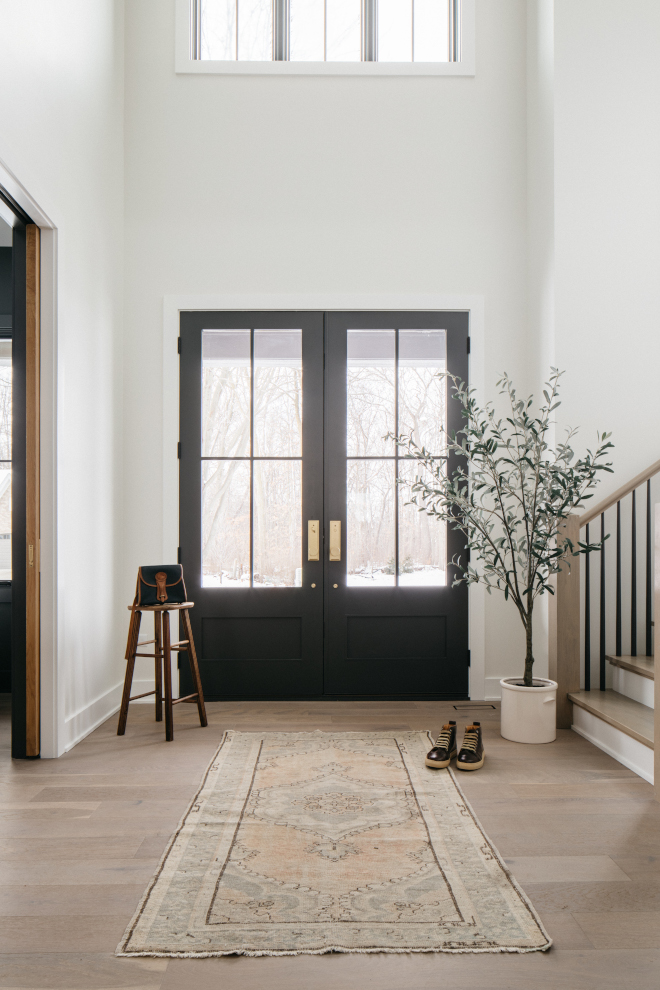 foyer-double-doors-iron-ore-custom-staircase-vanilla-milkshake Two-story foyer with Sherwin Williams Iron Ore double doors, custom staircase, floor-to-ceiling windows, and walls in Benjamin Moore Vanilla Milkshake.