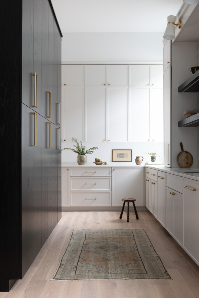 Back kitchen pantry with greige kitchen cabinets painted Sherwin Williams Heron Plume and floor-to-ceiling storage.