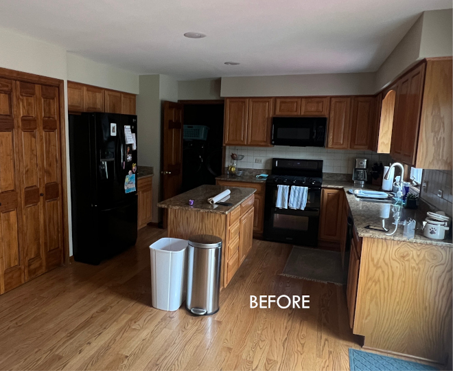 Before-Kitchen-Remodel-Original-Layout Before photo of outdated kitchen with small island, limited storage, and closed-off layout with old oak cabinets prior to white oak cabinet renovation