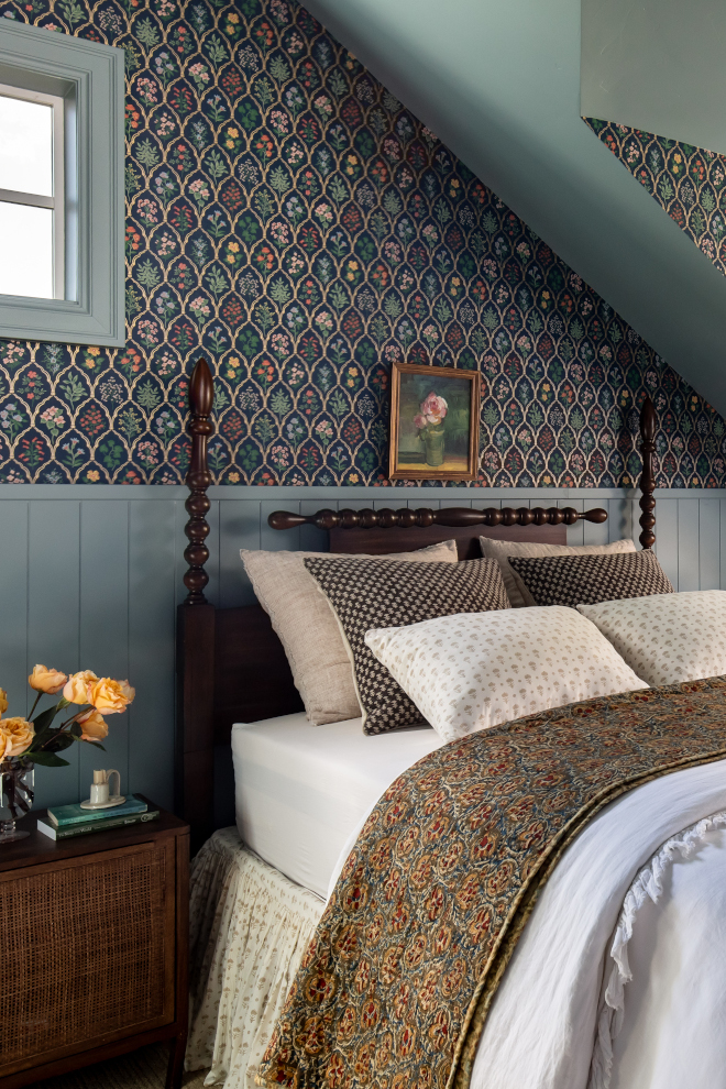 French Country bedroom with Farrow and Ball Oval Room Blue wainscot and ceiling