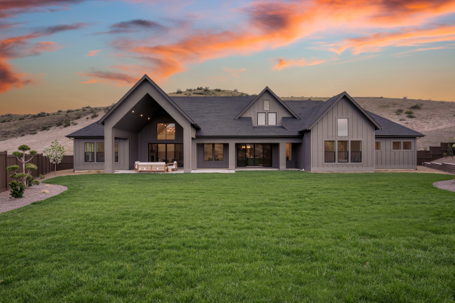 Idaho new construction back patio with Sherwin Williams Urbane Bronze siding