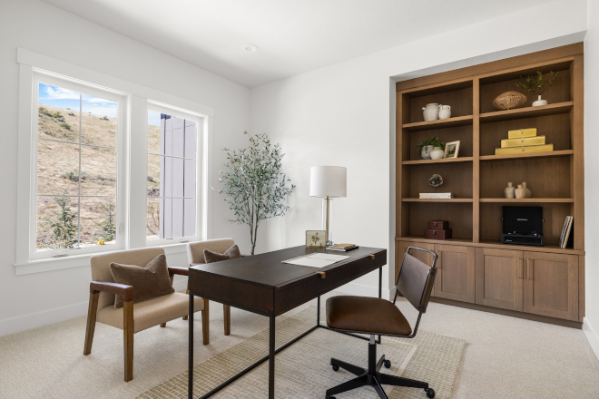 Idaho home office with Sherwin Williams Alabaster walls and Rustic Gray cabinets