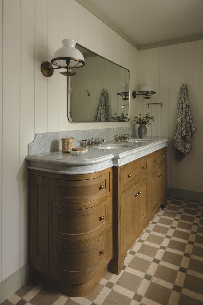 tongue and groove walls painted Benjamin Moore White Dove in neutral bathroom