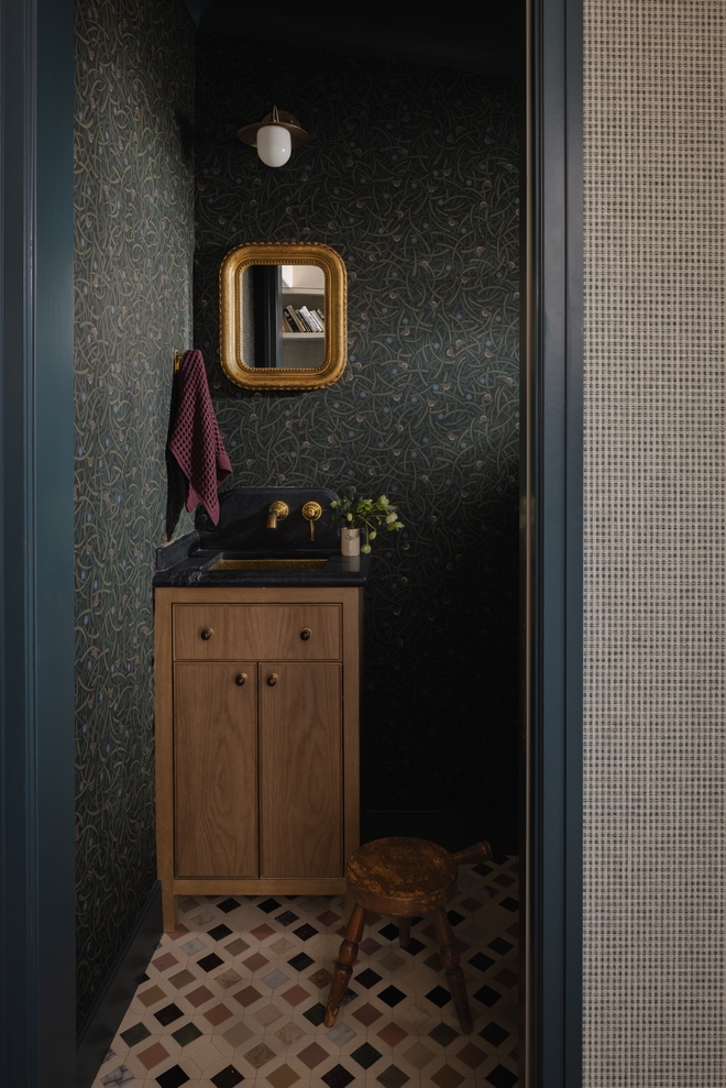 powder room with white oak vanity Japanese inspired wallpaper and marble mosaic tile