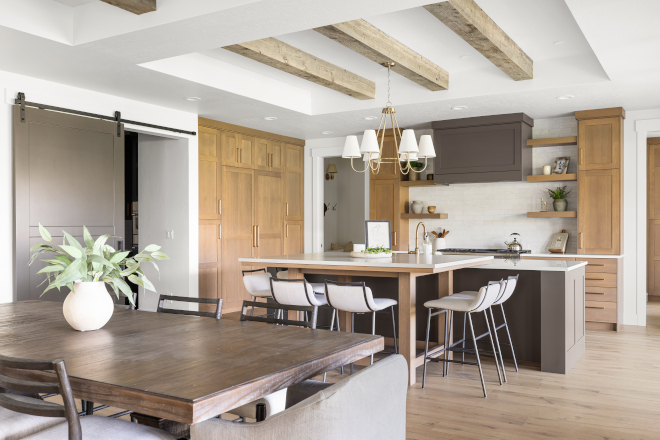 Open kitchen and dining room painted Sherwin Williams Alabaster with Pure White trim