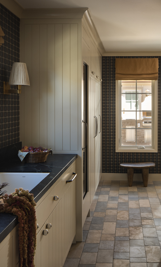 scullery cabinets painted Benjamin Moore Clay Beige OC-11 with grooved cabinet doors