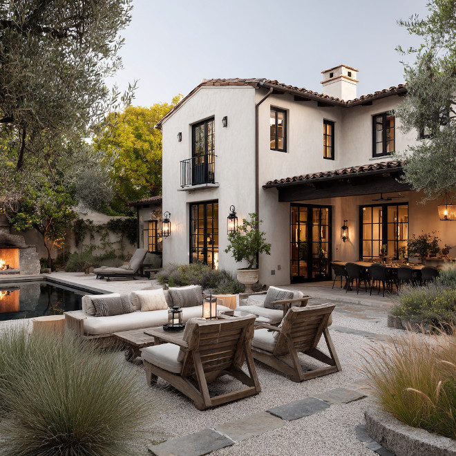 Rendering of a California Spanish country home backyard with low-profile patio furniture, sleek pool, gravel patio, oak tree, and ornamental grass, perfect for spring outdoor inspiration