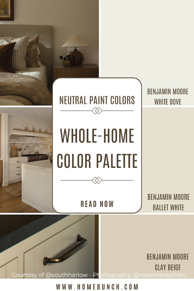 Whole house warm neutral paint palette featuring Benjamin Moore White Dove Benjamin Moore Ballet White and Benjamin Moore Clay Beige used in a coastal cottage renovation