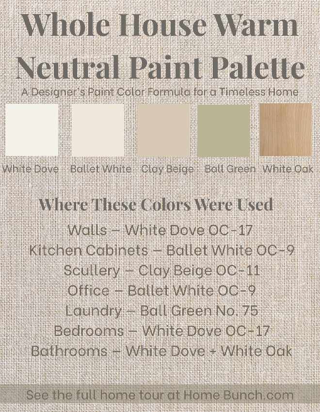 Whole house warm neutral paint palette featuring Benjamin Moore White Dove OC-17, Ballet White OC-9, Clay Beige OC-11 and Farrow and Ball Ball Green No. 75 used in a coastal cottage renovation — walls and bedrooms in White Dove OC-17, kitchen cabinets and office in Ballet White OC-9, scullery in Clay Beige OC-11, laundry room in Ball Green No. 75, bathrooms with White Dove walls and white oak cabinetry