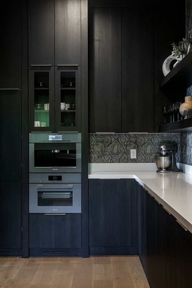 pantry with dark cabinets, textured walls and modern shelving