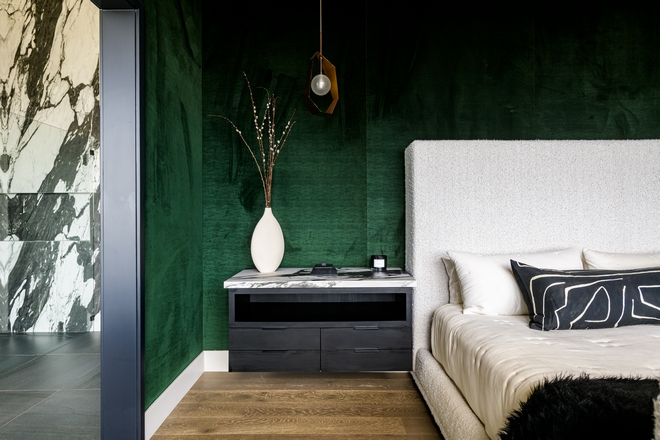bedside table with marble top, modern decor and green wall background