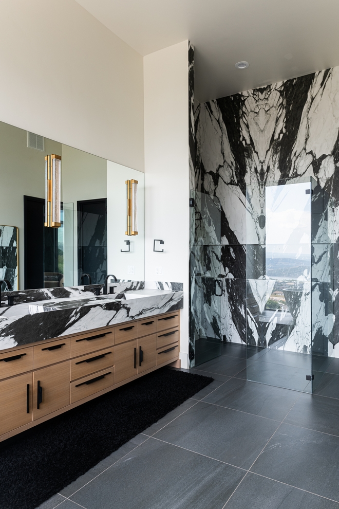 Marble Shower with Statement Veining