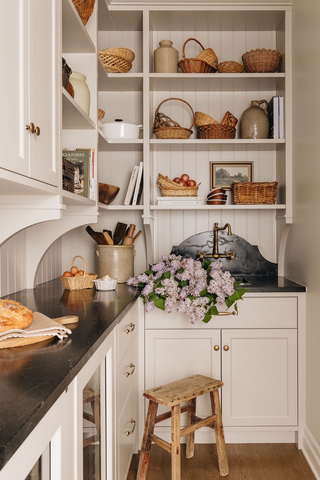 Walk-In Pantry with Seapearl Cabinets and Black Soapstone Countertop Walk-In Pantry with Seapearl Cabinets and Black Soapstone Countertop Walk-In Pantry with Seapearl Cabinets and Black Soapstone Countertop Walk-In Pantry with Seapearl Cabinets and Black Soapstone Countertop #WalkInPantry #Pantry #Seapearl #BnejmainMoore #Cabinets #BlackSoapstone #Countertop
