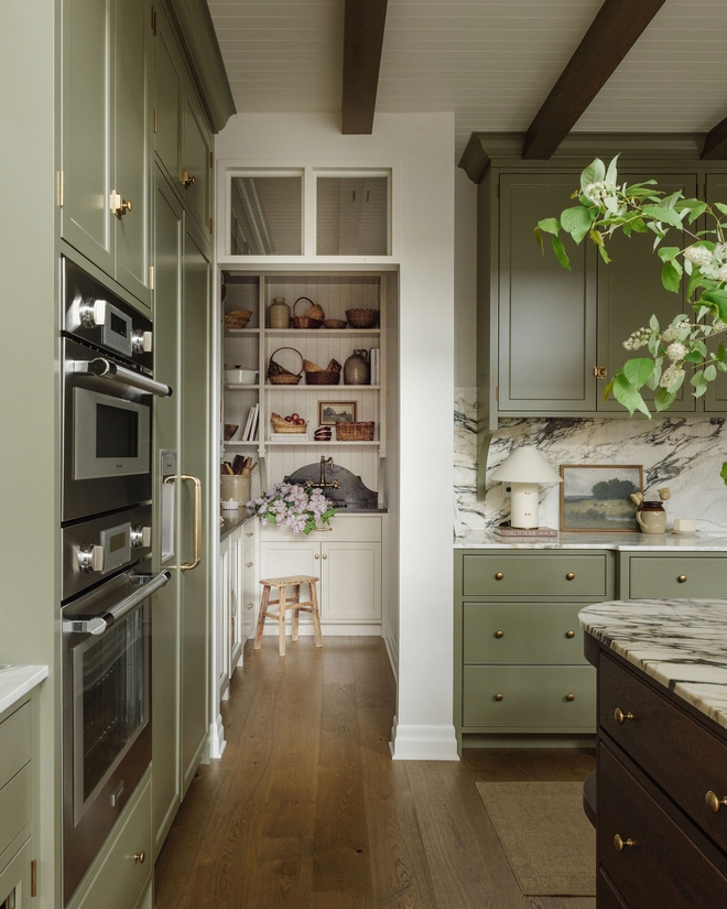 Kitchen Pantry with Transom Windows and Open Shelving Design