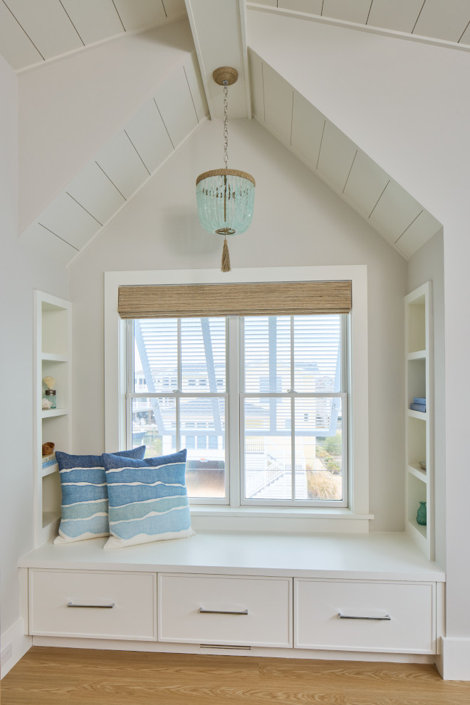 Coastal Window Seat with White Dove Built-Ins and Drift of Mist Walls Coastal Window Seat with White Dove Built-Ins and Drift of Mist Walls #CoastalWindowSeat #WindowSeat #WhiteDove #BuiltIns #DriftofMist #paintcolor