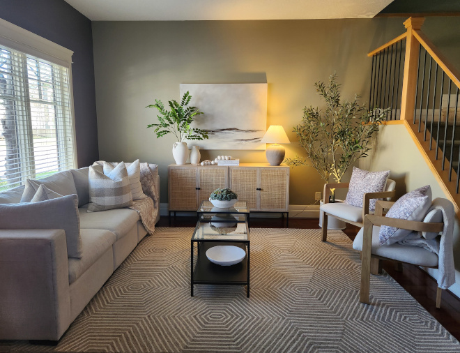 Organic modern living room with warm neutral decor, cane cabinet, oversized artwork, olive trees, textured rug, and layered furniture creating an expensive designer look without built-ins.