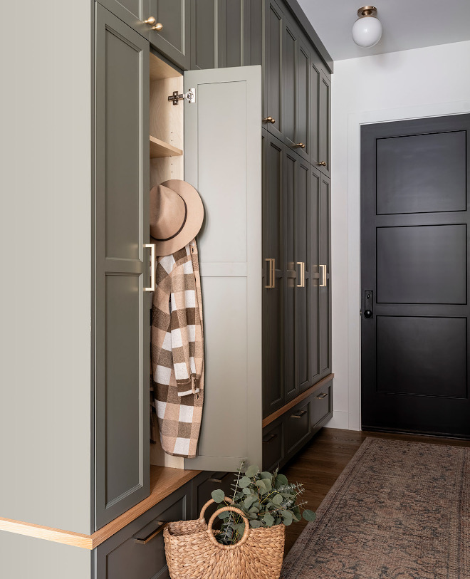 Olive-Green-Cabinet-Paint-Color Mudroom featuring Olive Green Cabinet Paint Color