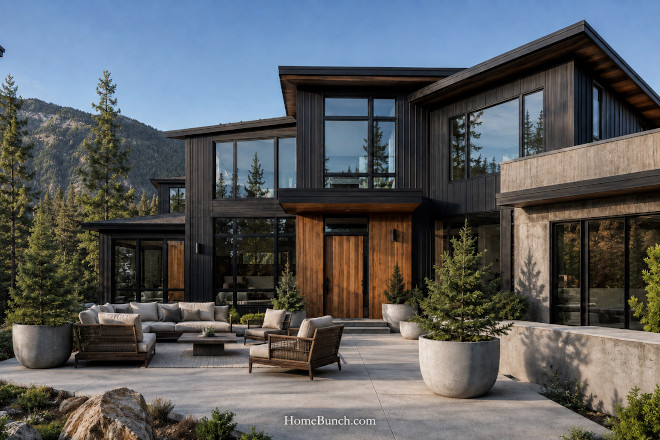 Organic Modern Mountain Home Exterior with Black Siding Organic Modern Mountain Home Exterior with Black Siding Organic modern mountain home exterior with black vertical siding, warm wood accents, oversized windows, concrete planters and a spacious patio with neutral outdoor furniture.