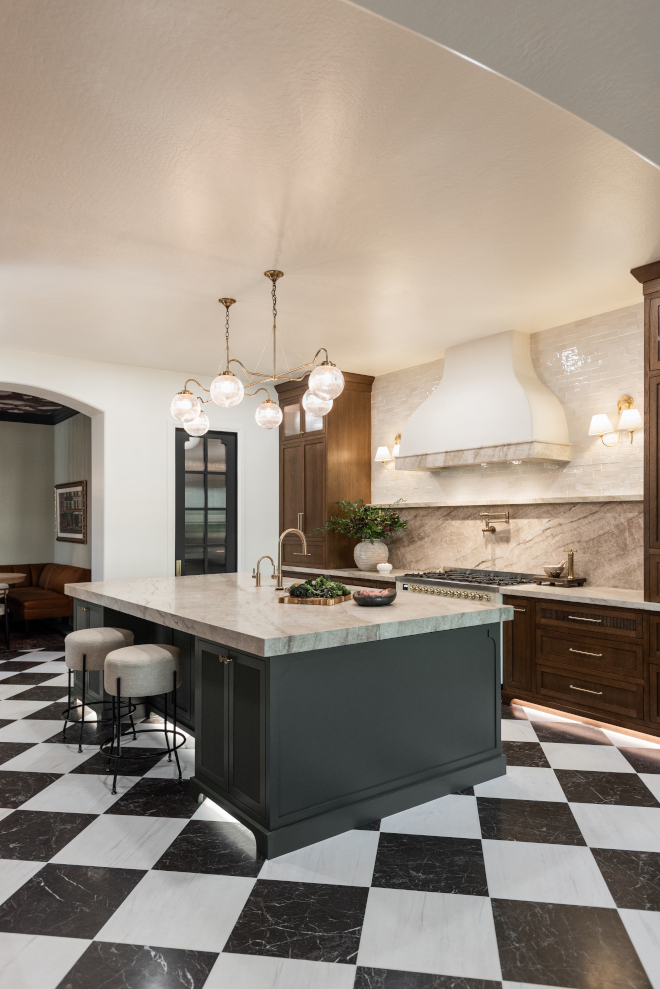 warm-kitchen-color-palette Warm kitchen color palette featuring walnut stained white oak, smoky green cabinetry, Taj Mahal Quartzite and brass finishes.