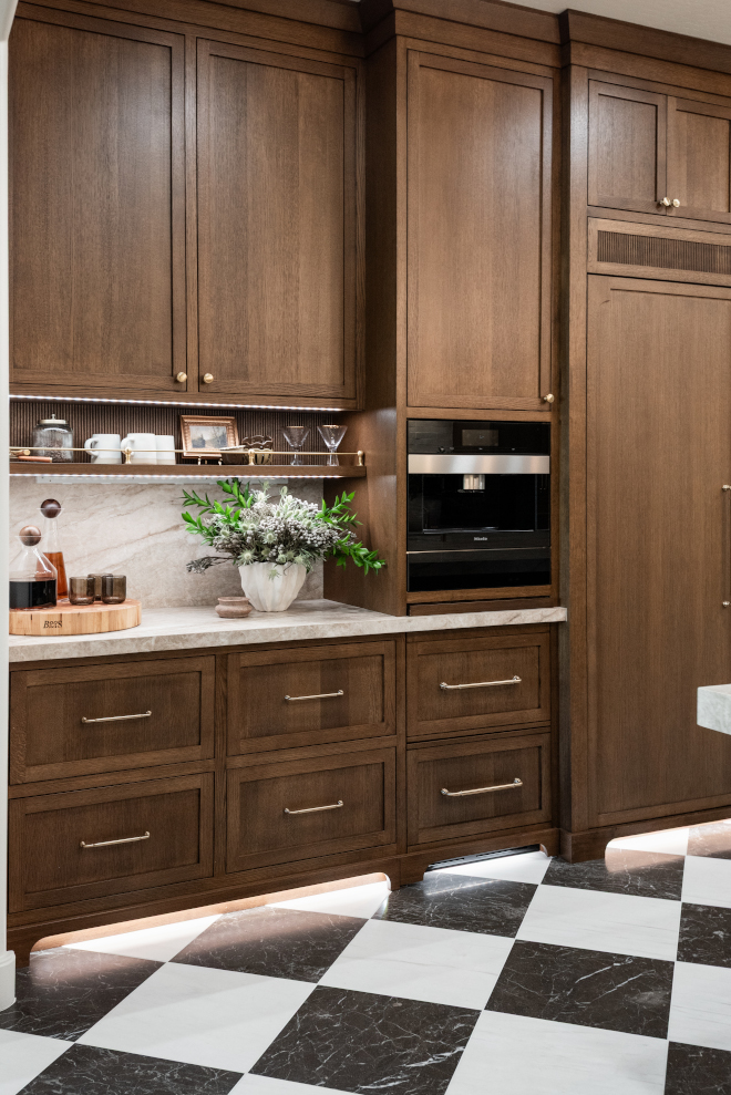 custom-refrigerator-wall-cabinetry Custom walnut stained white oak refrigerator wall with integrated cabinetry and built-in coffee station.