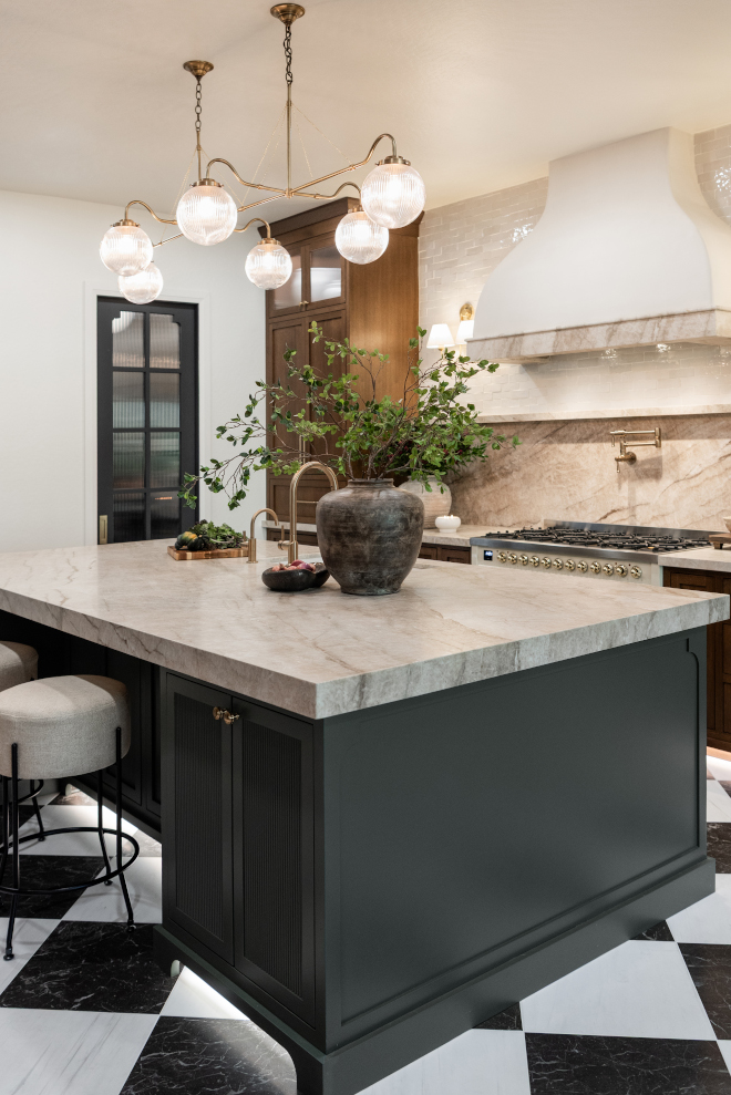 dark-green-kitchen-island-benjamin-moore-vintage-vogue-paint-color Benjamin Moore Vintage Vogue Ultra-dark smoky green painted kitchen island paired with walnut White Oak cabinets