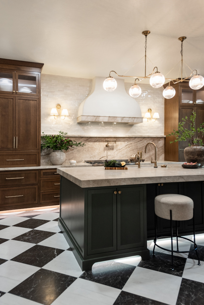 led-lighting-custom-kitchen-cabinetry LED toe-kick lighting highlighting custom inset cabinetry and Harlequin marble flooring.