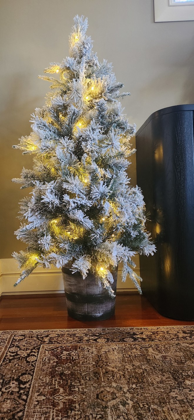 Lit Flocked Christmas Tree with Barrel Base