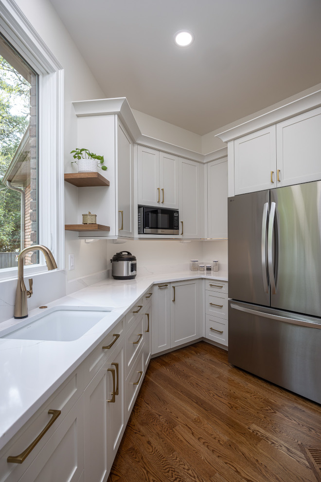 Scullery with Angular Cabinet Design Prep Sink and Wood Shelves Scullery with Angular Cabinet Design Prep Sink and Wood Shelves