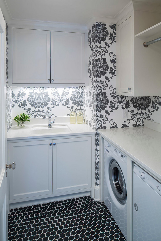 Small Laundry Room. Small Laundry Room Layout. Small Laundry Room with countetop. Small Laundry Room countertop is Caesarstone Organic White Quartz. The laundry room flooring are Noir Hex Travertine Mosaic Tile - 2 X 2 IN. Martha O'Hara Interiors. #LaundryRoom #SmallLaundryRoom #WhiteQuartz #Countertop