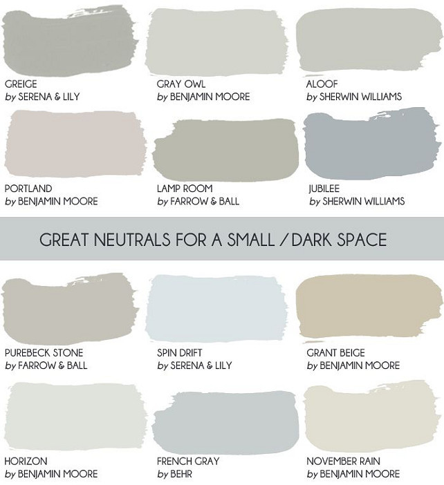Neutral Paint Color for Small Spaces. Serena and Lily Greige, Gray Owl Benjamin Moore. Aloof Sherwin Williams. Portland Benjamin Moore. Lamp Room Farrow and Ball. Jubilee Sherwin Williams. Purebeck Stone Farrow and Ball. Spin Drift Serena and Lily. Grant Beige Benjamin Moore. Horizon Benjamin Moore. French Gray Behr. November Rain Benjamin Moore. Via Style by Emily Henderson. #PaintColor #SamllSpaces #Paintcolorforsmallspaces #PaintColorIdeas