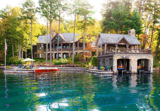 Lake House. Rustic Lake House in Tiger, Ga. Sunlight sparkles off the glassy lake surface, inviting guests to take a boat out or dive right in. The second story of the boathouse includes a spacious covered porch. #LakeHouse HGTV