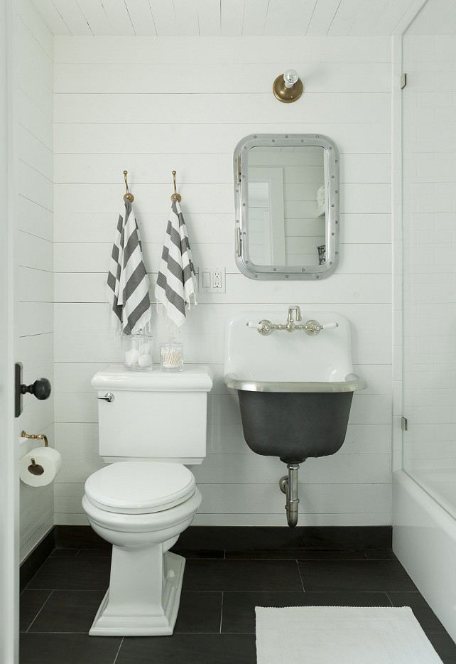 Nautical Bathroom. Nautical Bathroom Design. Nautical Bathroom features white plank ceiling over walls clad in tongue and groove panels framing. Restoration Hardware Submarine Inset Medicine Cabinet. #Nautical #Bathroom