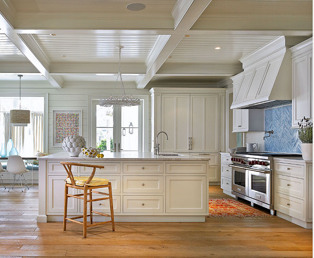 White Kitchen. Beach House White Kitchen Ideas. Wide plank white oak hardwood floors, bright blue backsplash in herringbone pattern, coffered ceiling, shiplap ceiling, wishbone counter stool, tongue and groove walls. #kitchen #Whitekitchen #Shiplap Cronk Duch Architecture.