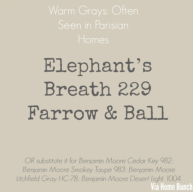 Elephant’s Breath 229 Farrow & Ball. Warm Grays: often seen in Parisian homes - Elephant’s Breath 229 Farrow & Ball. OR substitute Benjamin Moore Cedar Key 982; Benjamin Moore Smokey Taupe 983; Benjamin Moore Litchfield gray HC-78; Benjamin Moore Desert Light 1004. #WarmGray #PaintColor #ElephantsBreath #FarrowandBall #paintColors Via Home Bunch.