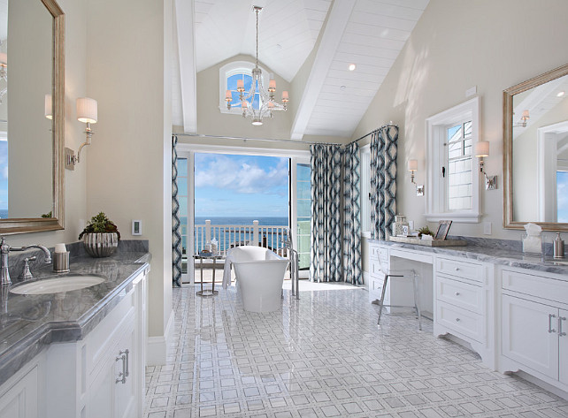 Master Bathroom. Master bathroom Design. Coastal master bathroom. Master Bathroom bathtub, bathtub with a view, chandelier, bathroom ocean view, Tile. #Bathroom #MasterBathroom #CoastalInteriors Spinnaker Development. 