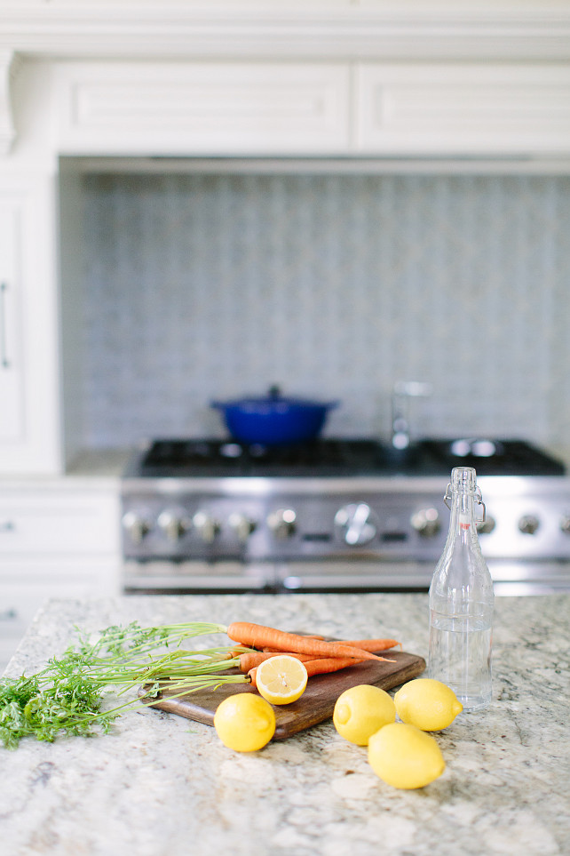 Granite Island Countertop. Kitchen island with granite countertop. Kitchen with white granite counterto. Honed granite counters on the prep island. #Kitchen #Granite #Countertop #WhiteGranite #HonedGranite Kate Marker Interiors.