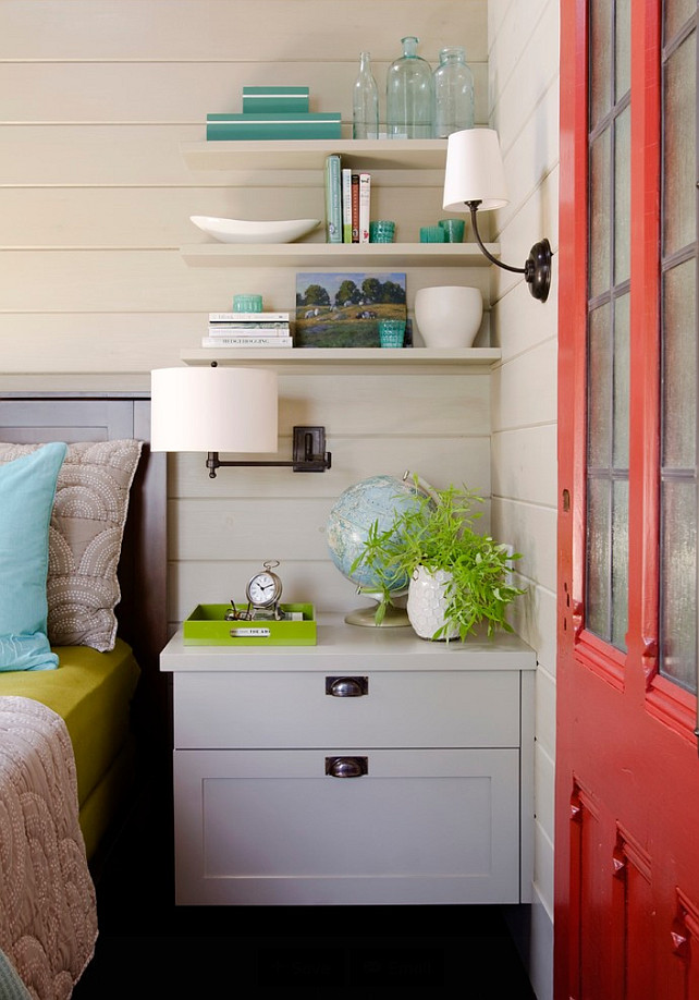 Bedroom Color Palette. Rustic Bedroom color palette ideas. Rustic bedroom with washed shiplap walls, turquoise decor and red vintage bar door. Beautiful and summery color palette. This is perfect for a cottage. #bedroom #Colorpalette Kristina Crestin Design.