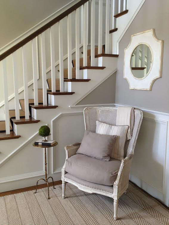 Foyer Design. Foyer Sources. Foyer Decor. Complete Foyer Furniture and Decor. Paint - BM - Valley Forge Tan Chair - Aidan Gray Table - Mr. Brown Mirror - Currey and Co Rug - Custom made Art - Bandhini Design Basket - Home Goods. #Foyer Andrea Korzon Interiors, LLC.