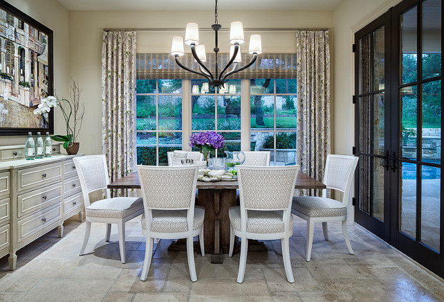 Breakfast Room. Breakfast Room Furniture. Breakfast Room Lighting. Breakfast Room French Doors. Breakfast Room Flooring. Breakfast Room Chairs. Breakfast room with Custom Vanguard Dining Chairs. Breakfast Room Draperies. Breakfast Room Window Shade. Breakfast Room Table. Flooring is tumbled limestone tile. #BreakfastRoom Martha O'Hara Interiors.