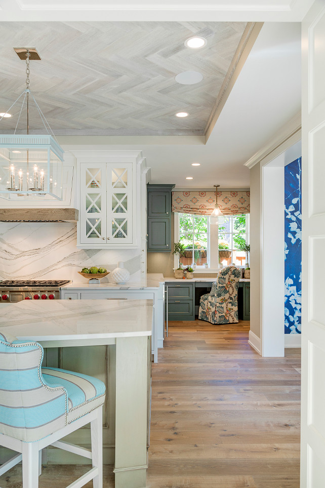 Kitchen Ceiling. Kitchen Ceiling Ideas. Kitchen herringbone ceiling made of rustic reclaimed wood reminiscent of driftwood. #Kitchen #Ceiling #ReclaimedWood #Herringbone #Driftwood Great Neighborhood Homes.