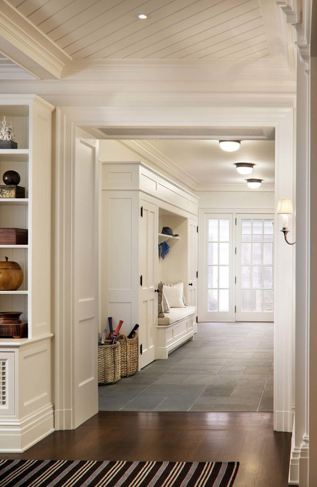 Mudroom Design Ideas. This is the kind of mudroom that inspires me. I am loving the slate flooring. #Mudroom 