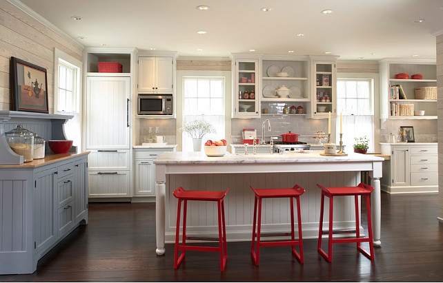 Kitchen. Kitchen Remodel. Kitchen with gray blue hutch, beadboard paneled cabinets, shiplap walls, Ikea stools. Kitchen cabinets painted in Benjamin Moore White Dove and carrera marble countertop. #kitchen #KitchenRemodel #KitchenRemodelIdeas Meriwether Inc.