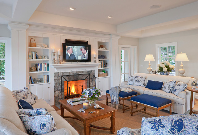 Family room. Coastal Family Room. Coastal Family Room Furniture. Coastal Family Room Decor. Coastal Family Room Paint color. Coastal Family Room Layout. Coastal Family Room Fireplace. Coastal Family Room Pillows. Coastal Family Room Fireplace Built-in. Coastal Family Room Stone Fireplace. Coastal Family Room White Walls. Coastal Family Room with Blue and White accents. #CoastalFamilyRoom #FamilyRoom SLC Interiors.