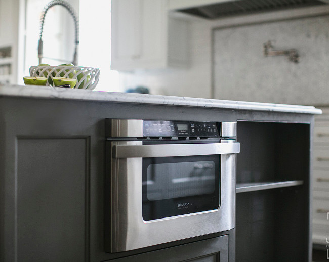 Kitchen Island with buil-in microwave oven. Where to place built-in microwave oven in kitchen island. Island microwave oven is by Sharp. The kitchen island becomes very practical with a built-in microwave oven. This one is Sharp Pro 24" Built-In Microwave Drawer. This microwave drawer is perfect for lower cabinets or kitchen islands. This appliance is safer and less messy than the average microwave. This one costs around $850. #Kitchen #island #Microwave #BuiltinMicrowave #kitchenIsland #SharpMicrowave