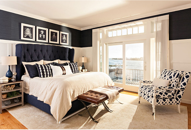 Navy and white bedroom. Navy and white bedroom decor. Navy and white bedroom design. Beach house with Navy and white bedroom. Classic Navy and white bedroom. Navy and white master bedroom. #Navyandwhite #bedroom Casabella Home Furnishings & Interiors. 