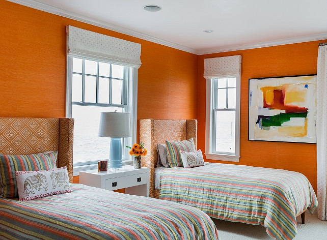 Phillip Jeffries. Phillip Jeffries Grasscloth. Phillip Jeffries Grasscloth Wallpaper. The orange grasscloth wallpaper is the Grasscloth Manila Hemp 5279 in Tangerine by Phillip Jeffries. #PhillipJeffries #Wallpaper #Grasscloth